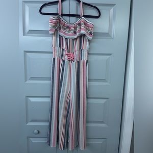 knit works off the shoulders striped jumpsuit